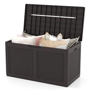 COSTWAY Coffre de Rangement Ext&eacute;rieure en R&eacute;sine 380 L, Bo&icirc;te de Rangement &Eacute;tanche &agrave; Texture Rotin avec Roues Couvercle Verrouillable, pour des Outils Jouet Accessoires 111 x 56 x 61 cm (Marron) (FDS GmbH, neuf)