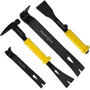 MANUFORE Lot de 4 Outils de Démolition Jaunes : 2 Pieds-de-biche Plats en Acier (30 cm et 19 cm), 1 Arrache-clou avec Tête Marteau et Poignée Antidérapante, 1 Ciseau de Maçon (23 cm) (HANGZHOU MANUFORE, neuf)
