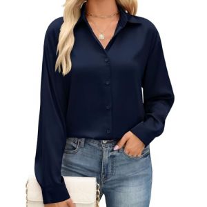PASUDA Chemise Femme Chic et &Eacute;l&eacute;gante Satin &agrave; col en V Chemisier Manches Longues Soie Blouse Boutons Hauts D&eacute;contract&eacute; Affaires Soir&eacute;e Shirts Ample Fluide Tunique Tops(Bleu Marine,M) (Amutoo, neuf)
