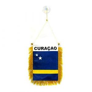 AZ FLAG - Fanion Cura&ccedil;ao Pour D&eacute;coration Voiture Avec Ventouse et Franges Dor&eacute;es - Mini Drapeau Hollandais - 13x10 cm (AZ-FLAG, neuf)