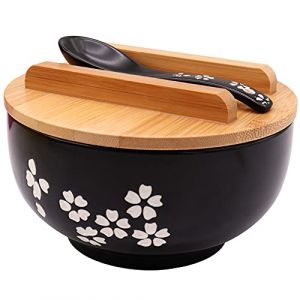 XCMVCN Bol Ramen avec couvercle 1000 ml bol Ramen en c&eacute;ramique noire Premium japonais pour nouilles instantan&eacute;es soupes nouilles Pho Udon Soba (Yarong EU, neuf)