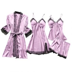 Pyjama Femme Satin de Soie Unisexe Grande Taille 4 Pi&egrave;ces Ensembles de Pyjama Short et Caraco Lingerie Sexy Automne Hiver Manche Longue V&ecirc;tements de Nuit Classique Sleepwear Cami Top Pyjama Sets (PINTUTU SEXY, neuf)