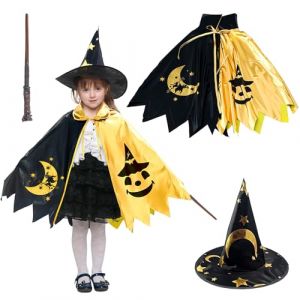 Dwafill Deguisement Sorcier Enfant Adultes, Costume Magicien Enfant, Chapeau Magicien, Cape, 3 4 5 10 Ans Garcon Fille, Noir, pour Halloween, Carnavals, Soir&eacute;es D&eacute;guis&eacute;es (Noir Or, S) (ERFULIU, neuf)