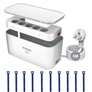 Bo&icirc;te de Rangement avec Bloc Multiprise Electrique, Multiprise 5 Prises avec 3 USB, Multiprise avec Interrupteur 5m C&acirc;ble, Adaptateur de Bo&icirc;te de Rangement, 29,5 * 14 * 14CM, Blanc (lVCHEN, neuf)