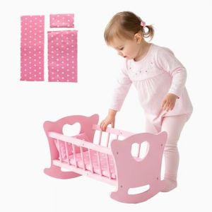 Kinderplay Berceau de poupée en Bois avec Parure de lit - Lit à Bascule pour poupées jusqu'à 49,5 cm - Jouet en Bois Durable pour Filles à partir de 3 Ans - Lit de poupée avec Matelas, Coussin et (kinderplay_shop, neuf)
