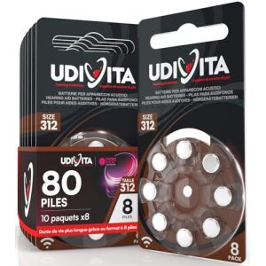 80 Piles Auditives Taille 312 Udivita PR41 (Marron) Zinc-Air Hearing Evolution - 10 Blisters de 8 Piles (Eurocali, neuf)