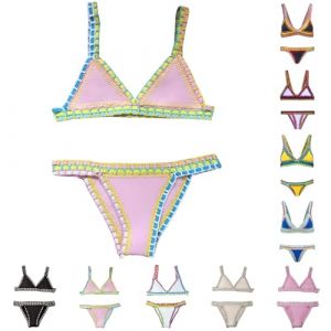 Maillot De Bain Femme 2 Pieces Tricot Triangle Maillots Deux PièCes Femme Push Up Couleur Vive Patchwork Fait Main Crochet Haut Et Bas De Bikini Taille Basse BrassièRe Triangulaire En Crochet Ethnique (FATUS, neuf)