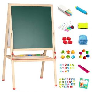 Tableau Enfant Double Face avec Noir Magnétique, Chevalet d'art Réglable en Hauteur, Tableau à craie avec Aimants et Accessoires, 57x55x148 cm (hlang EU, neuf)