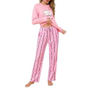 Demegimi Ensemble de Pyjama Femme Hiver Chaud Manches Longues Haut Col Rond avec Motif Chat et Pantalon Long Imprim&eacute; Pyjama Femme Coton Toucher Doux V&ecirc;tements de Nuit Confort Chic (FUZHOUXUANHE-EU, neuf)