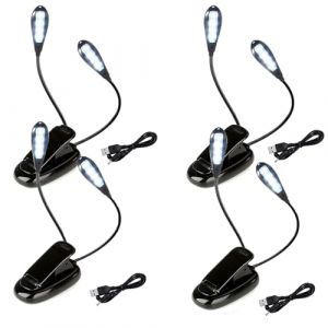 KINGCOO Lot de 4 lampes de pupitre flexibles &agrave; double t&ecirc;te 8 LED, pince de bureau USB, lampe de lecture &agrave; clipser sur le lit, 2 niveaux de luminosit&eacute; pour les vers de biblioth&egrave;que, piano, voyage pour (Redwood2019, neuf)