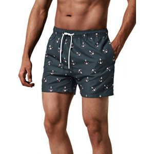 MaaMgic Homme Short de Bains Imprimé Séchage Rapide avec Slip en Filet Maillot de Bain Pants Court de Sport pour Vacance a la Plage, Gris Foncé Ancre, X Small(tour de taille:74~79cm) (baohui, neuf)