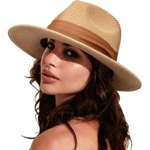 DRESHOW Femme Homme Chapeau de Paille Panama Chapeau Été Large Bord Chapeau de Soleil Anti-UV pour Plage Voyage Chapeau de Soleil (Dreshow, neuf)
