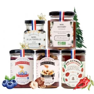 Les Abeilles de Malescot &ndash; Assortiment Gourmet de 5 Miels gourmets &ndash; For&ecirc;t, Vanille, Noisettes, Piment, Myrtille &ndash; Miels artisanaux et cr&eacute;ations gourmandes &ndash; 125 g &agrave; 250 g (Les Abeilles de Malescot, neuf)