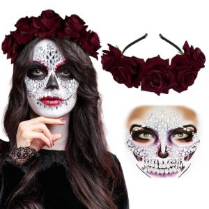 Kit de Halloween Bandeau à Fleurs Serre-tête Couronne de Floral Rouge et Autocollant Stickers Strass Brillant Tatouages de Visage Auto-adhésif Décoration pour Carnaval Fête à Thème Festival de Musique (ShanDongYuRui, neuf)