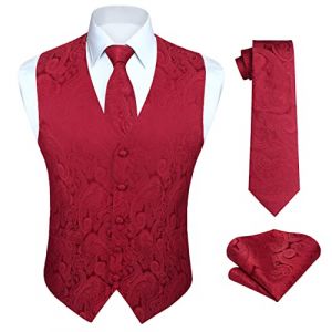 HISDERN Gilet de mariage hommes Bourgogne Paisley Rose Gilet Floral Jacquard Cravate Poche Mouchoir Mouchoir Fête De Mariage Fit Gilet Costume Ensemble L (hisdern, neuf)