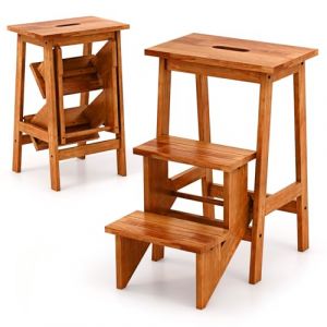 COSTWAY Escabeau &agrave; 3 Marches Pliable, Marche Pied en Bois d'H&eacute;v&eacute;a, 3 en 1 Tabouret Pliante avec Poign&eacute;e, Patins Antid&eacute;rapant, pour Salon Chambre Garage, Charge 270 kg (58 x 41 x 61 cm,Ch&ecirc;ne Fonc&eacute;) (FDS GmbH, neuf)