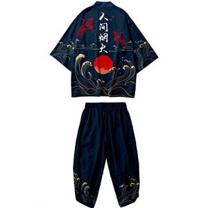 DOSLAVIDA Ensemble de veste kimono japonaise pour hommes, veste &eacute;l&eacute;gante ouverte sur le devant avec short, cardigan imprim&eacute; de style chinois, Large (MaoLinShop, neuf)