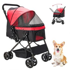 Joyfultails Poussette Pliable Chien/Chat 20kg Capacité - Buggy Tout Terrain avec Toit Amovible, Poignée Ergonomique et Roues Verrouillables & Housse Imperméable, Rouge (SHXIONGBING, neuf)