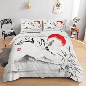 Housse de Couette 140x200 Japonais Bambou Parure de Lit 1 Personne Réversible pour Lit 90x190, Housse Couette Imprimée en Microfibre et 2 Taie d'oreiller 65x65 cm avec Fermeture Éclair (Gengl, neuf)