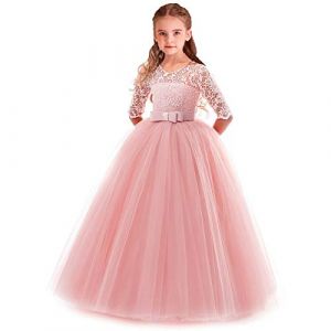 MYRISAM Filles Robe de C&eacute;r&eacute;monie 3/4 Manches Longues Tulle Dentelle avec Bowknot Demoiselle d'honneur Robe d&rsquo;mariage Soir&eacute;e Communion anniversaire Bapt&ecirc;me Carnaval F&ecirc;te Bal Rose 9-10 Ans (MYRISAM store, neuf)