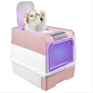 Bac à Litière pour Chat, Désinfection UV Bac à Litière Pliable pour Chaton avec Couvercle, Structure en dôme bac à Litière Fermé pour Chat, WC pour Chats avec Pelle (rectangulaire-Rose) (qhtxzyh, neuf)