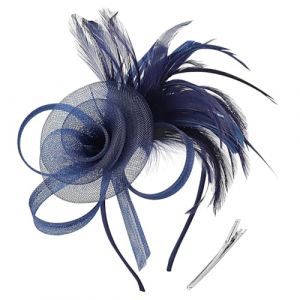 Serre-tête bibi en maille et plumes - Grande pince à cheveux - Accessoire vintage en maille pour femme - Bleu marine (Haifly, neuf)