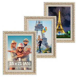 Victor Cadre Photo Rubens Set de 3 - en 15x21 cm (A5) Or Beige - Bar: 30x20mm - Verre Véritable - Châssis pour l'image Baroque - Antique - Vintage 15x20 Doré - A5 Ancien (Victor_Store, neuf)