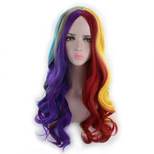 LINLINCD Anime Cosplay Perruque Harajuku Lolita Longue ondulée Arc-en-ciel avec frange Cheveux synthétiques Cosplay Fête Perruques colorées pour femmes 65 cm Couleur arc-en-ciel (qiu lai shan mao hang, neuf)