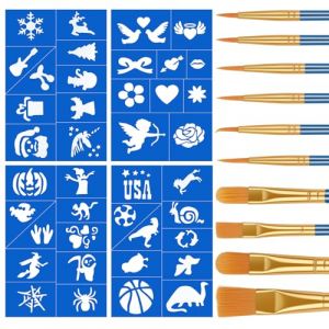 Alaoo 4 Pièces Pochoir Maquillage Enfant, Pochoirs de Peinture Faciale Réutilisables Tatouage de Peinture,Contient 10 PCS pinceaux de Peinture en Nylon pour Visage et Corps Halloween Fête,Bleu (Alaoo, neuf)