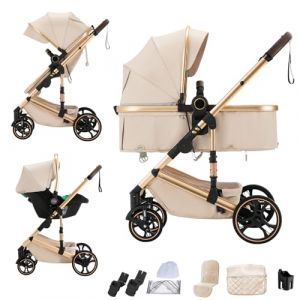 Shineey Poussette 3 en 1, Poussette B&eacute;b&eacute; Compacte R&eacute;glable en Hauteur Avec,Trio Cadre en Alliage d'aluminium Haut Paysage syst&egrave;me de voyage (H9BEIGE, H9) (Shineey, neuf)