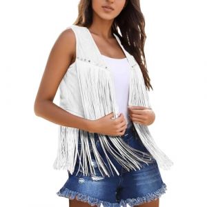 NaLatia 2024 Gilet à Frange Hippie Femme été Haut Veste Manteau Frangé sans Manches Vintage Daim Chic et Elégant Casual Grande Taille Mode Ethnique Cardigan Leger Court Western Cowboy Extérieur Mode (GUnakd, neuf)
