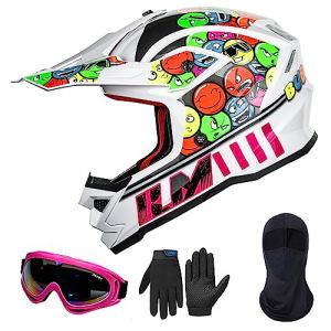 ILM Casque Moto Enfant Motocross Cycliste pour Garçon et Fille avec Lunettes Gants Masque ATV Off Road Go Kart Dot ECE Model Z705,Bubblegum,XL (ilovemotor, neuf)