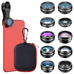 Auricase 2 en 1 Objectif Telephone Portable, Kit Objectif pour iphone, 12,5 x Objectif Macro Smartphone, Grand Angle 0,45x, Objectif Smartphone pour la Plupart des Smartphones (Noir-10in1) (Jinhan Industrial, neuf)