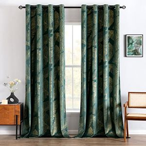 MIULEE Rideaux Velours Vert Émeraude à Oeillet, Rideau Opaque, Fenêtre Chambre Salon, 2xL140xH300cm avec Motif Feuilles d'or (MIULEE HOME, neuf)