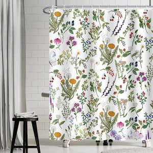 Uiiooazy Rideau Douche Fleuri, Rideau de Douche Feuilles Vert Floral Jaune Violet Rideau de Baignoire Anti Moisissure Imperméable Tissu Polyester Lavable Rideau de Bain avec 12 Crochets 200Lx180Hcm (dongguibinjingpinxiaodianpu, neuf)