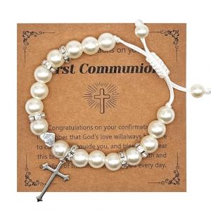 SJUIEO Chapelet Croix Réglable Bracelet de Perles Baptême Communion Catholique Confirmation Cadeaux de Pâques pour Filles Petite-Fille Fille Nièce (Blanc) (guangzhouxinhao, neuf)