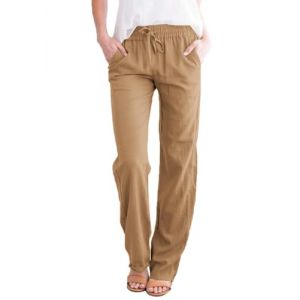 Zeagoo Pantalon Été Femme Lin Pantalons Léger Décontractés Taille Haute Pants Couleur Unie Cordon Pantalon de Plage avec Poche Camel M (Zeagoo direct, neuf)