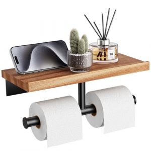 Tindbea Porte-rouleau de papier toilette avec étagère en bois, support mural en bois, noir mat, accessoires de salle de bain en acier inoxydable (Sapele SUS304 en acier inoxydable, noir mat, double) (Flylin, neuf)