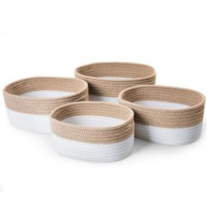 Ezvsevuo 4 Pi&egrave;ces Panier de Rangement Coton, Panier Rangement en Corde de Coton Tiss&eacute; Main, Corbeille Rangement Organisateur &agrave; Multiples pour Armoire, Salle de Bain, Chambre B&eacute;b&eacute; Enfant, Blanc & Jute (Ezvsevuo, neuf)
