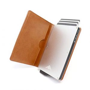 Stealth Wallet Porte Carte Bancaire RFID pour Homme - Porte-Cartes De Cr&eacute;dit avec M&eacute;canisme Pop Up et Bo&icirc;te Cadeau - Portefeuilles de Cr&eacute;dit Aluminium Minces (Aluminium Argent, Cuir Fauve) (ETK Limited, neuf)