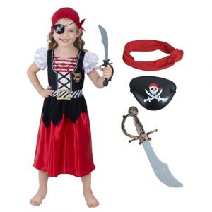 Sincere Party Costume de Pirate pour les filles, nouvelle robe de Pirate 2024, bandeau, machette, taille de masque pour les yeux 5-6 ans (SP Funworld, neuf)