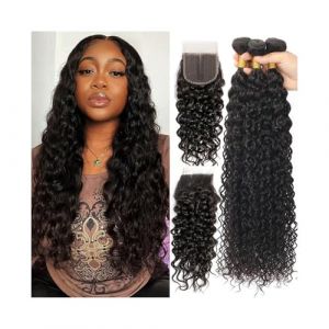 Extensions de cheveux M&egrave;ches de cheveux humains p&eacute;ruviens Remy ondul&eacute;s avec fermeture en dentelle et fermeture 4x4 Faisceaux de cheveux humains(8 10 12 With 8) (wangjianjunmeiguo, neuf)