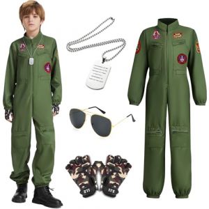 BuntWunder Deguisement Pilote de Chasse Enfant, Costume Pilote Enfant avec Gants Lunettes de Soleil Pendentif, Pilote Combinaison Carnaval Costume Militaire pour Gar&ccedil;on (130) (Phoenixsystem DreamCold Kft., neuf)
