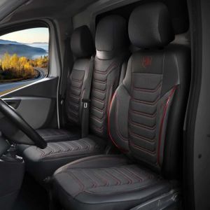 GIOVANNI BUTTI Housses de si&egrave;ge de voiture universelles 2+1 pour Renault Master (2011-2025), Opel Movano (2022-2024) &ndash; Housse de si&egrave;ge avant en tissu piqu&eacute;, Noir-Rouge, Ensemble de si&egrave;ges avant double (PANDASEATCOVER, neuf)