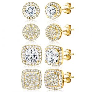 Dochais 4 Paires Boucles d'Oreilles Argent 925 Homme Femme Hypoallerg&eacute;niques Lot Boucles d'Oreilles Zircon Cubique Plaqu&eacute; Or 14K Ronde Carr&eacute;e Brillant Grand Diamant Boucle d Oreilles Femmes Hommes (Dochais, neuf)