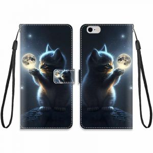 KARTXITAI Cuir Coque Compatible avec iPhone 6 / 6S Antichoc avec Support Clapet Design Motif Dr&ocirc;le &Eacute;tui Bumper Portefeuille Magn&eacute;tique Cr&eacute;atif Case Cover Housse-Lune Chat,Ciel,&eacute;toiles (KARTXITAI, neuf)