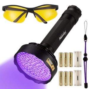 Alonefire SV128 395nm Lampe Torche UV 128 LEDs Puissante Ultraviolet Lumière Noire Détecteur d'urine avec Lunettes de Protection UV, 6 Piles AA pour Fluoresceine, Durcissement de la Résine, Peinture (Alonefire FR, neuf)