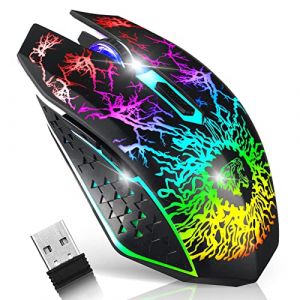 VEGCOO Souris de Jeu sans Fil, Souris de Jeu Rechargeable, Souris Optique silencieuse avec r&eacute;cepteur USB 2,4 G, 3 Niveaux DPI, 7 Boutons, lumi&egrave;res LED 7 Couleurs pour PC/Mac Gamer (HappyChaoUK, neuf)