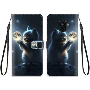 KARTXITAI Cuir Coque Compatible avec Samsung Galaxy A8 2018 Antichoc avec Support Clapet Design Motif Drôle Étui Bumper Portefeuille Magnétique Créatif Case Cover Housse-Lune Chat,Ciel,étoiles (KARTXITAI, neuf)