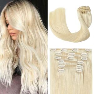 UGOTRAYS Extensions de cheveux à clips Blond platine 40,6 cm 120 g 7 pièces Blond platine 100 % cheveux humains raides #60 7 pièces (Fast Media Ships From USA, neuf)
